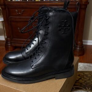 Tory Burch Black Leather Lace-Up Military Style Boots